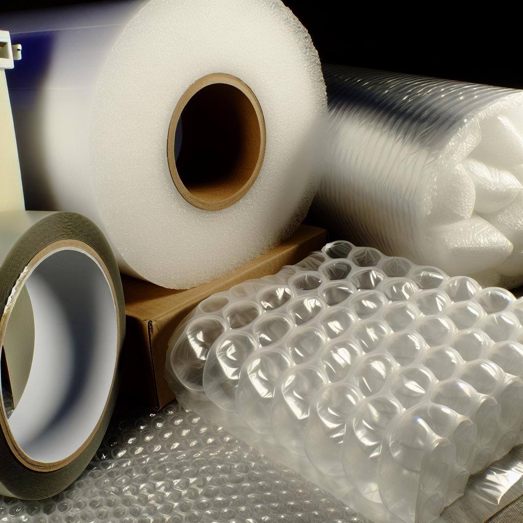 Packaging materials like tape, bubble wrap, void fill, and stretch film